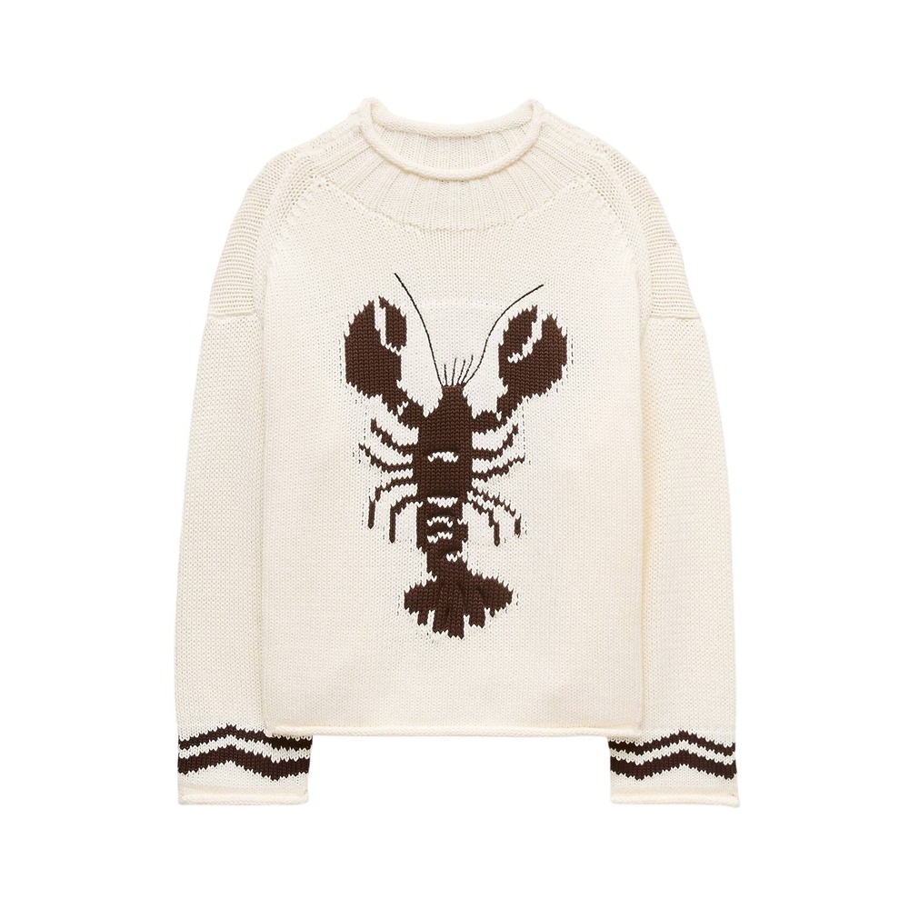 J. Crew 2025 Rollneck Sweater with Lobster Intarsia Cream and Brown Med NEW